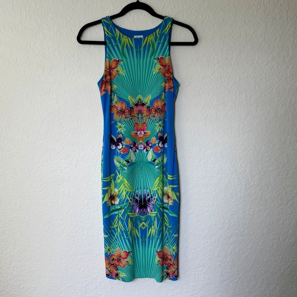 Vintage Y2K Cache Dress XS Bodycon Tropical Stretch Maximalism Going Out Resort